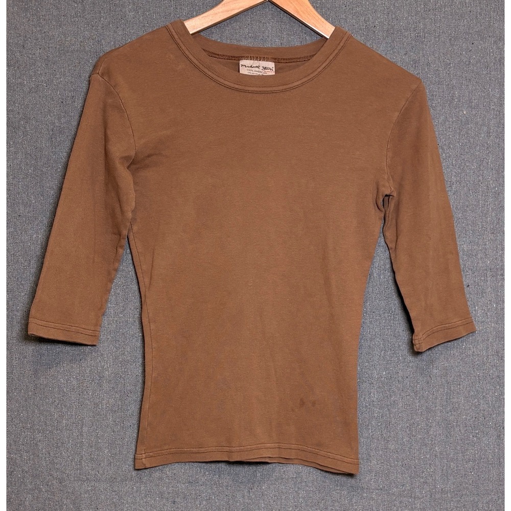Y2K Michael Stars Brown Ribbed 3/4 Sleeve Crew Neck Cotton Tee One Size USA Made